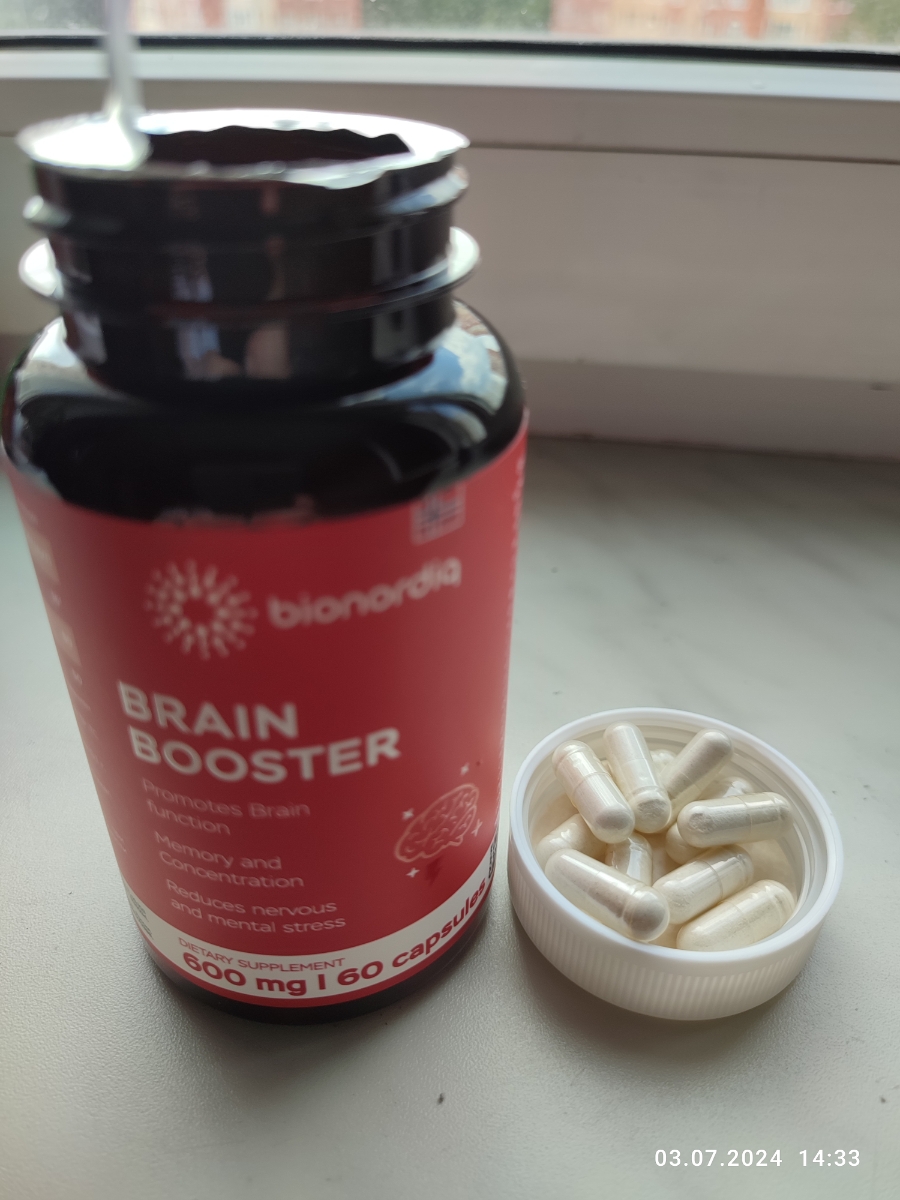 Фото покупателя №693 из 814: Витаминный комплекс для мозга и памяти Brain Booster bionordiq 600 мг 60 капсул, ноотроп, для концентрации, витамины для мозга, для учёбы и работы, БАД, для иммунитета, для здоровья, для профилактики, отзыв на 5 из 5, Ozon, 4 июля 2024