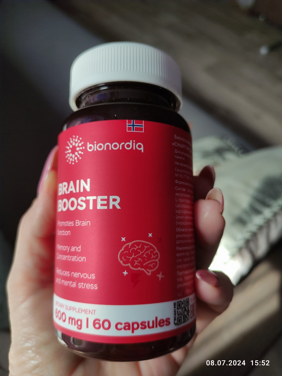 Фото покупателя №516 из 814: Витаминный комплекс для мозга и памяти Brain Booster bionordiq 600 мг 60 капсул, ноотроп, для концентрации, витамины для мозга, для учёбы и работы, БАД, для иммунитета, для здоровья, для профилактики, отзыв на 5 из 5, Ozon, 8 июля 2024