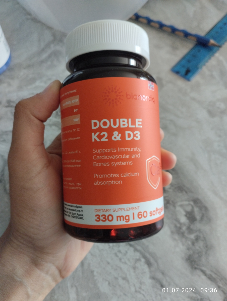 Фото покупателя №142 из 299: Витамины D3 и K2 для костей и сосудов Double K2 D3 bionordiq 330 мг 90 капсул, холекальциферол менахинон, витамин д3 к2, для иммунитета, витамины, БАД, для здоровья, для женщин и мужчин, для зубов, отзыв на 5 из 5, Ozon, 2 июля 2024