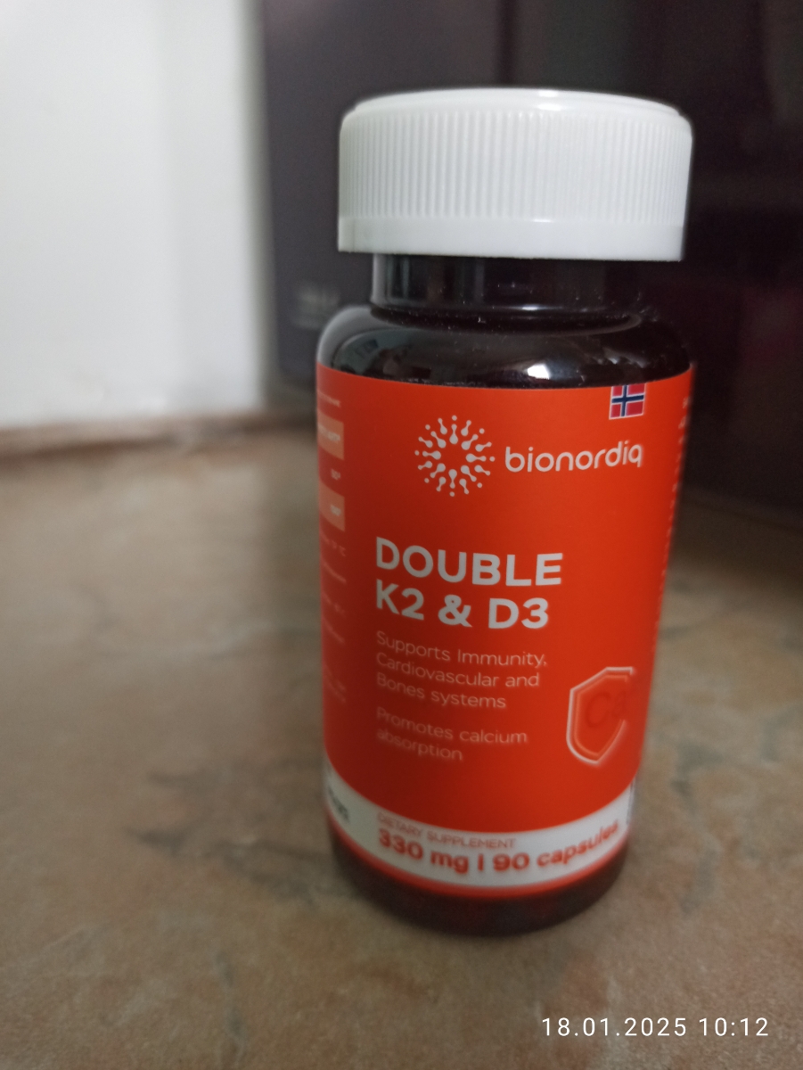 Фото покупателя №59 из 299: Витамины D3 и K2 для костей и сосудов Double K2 D3 bionordiq 330 мг 90 капсул, холекальциферол менахинон, витамин д3 к2, для иммунитета, витамины, БАД, для здоровья, для женщин и мужчин, для зубов, отзыв на 5 из 5, Ozon, 18 января 2025