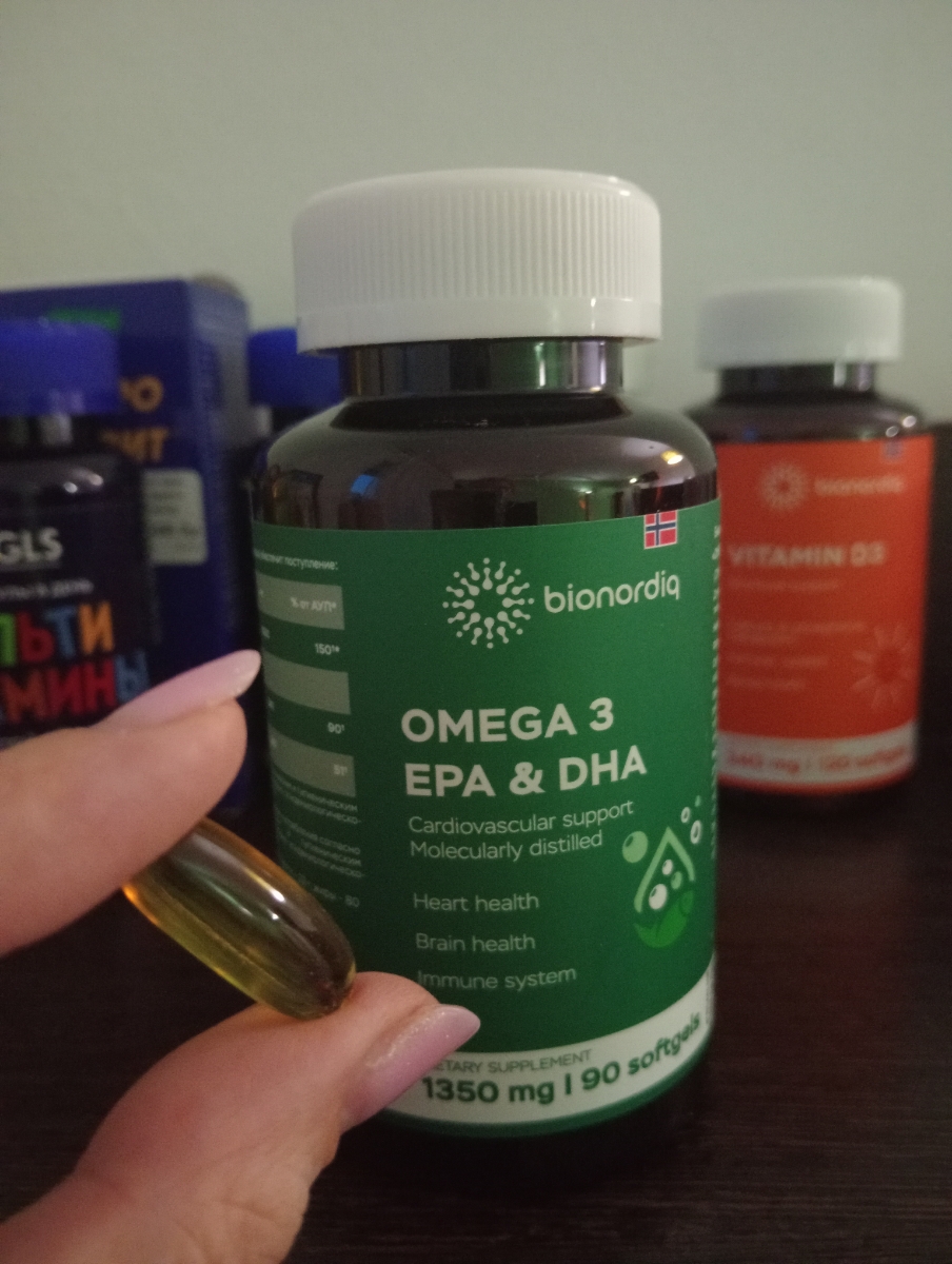 Фото покупателя №32 из 144: Омега 3 витаминный комплекс Omega 3 EPA DHA bionordiq 1350 мг 90 капсул, рыбий жир, для сердца и сосудов, для иммунитета, для волос и кожи, для женщин и мужчин, для здоровья, витамины, БАД, для костей, отзыв на 5 из 5, Ozon, 31 мая 2025