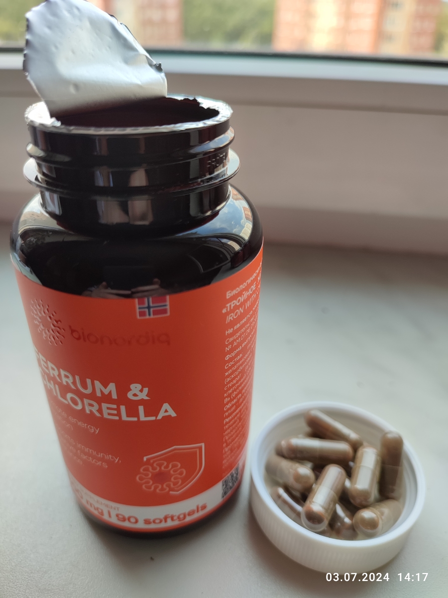 Фото покупателя №158 из 293: Железо Ferrum Chlorella bionordiq 600 мг 90 капсул, при анемии, для гемоглобина, хлорелла, железо витамины, для женщин, витаминный комплекс, БАД, для иммунитета, для здоровья, для женщин и мужчин, отзыв на 5 из 5, Ozon, 4 июля 2024