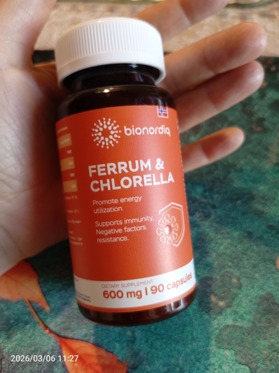 Фото покупателя №3 из 293: Железо Ferrum Chlorella bionordiq 600 мг 90 капсул, при анемии, для гемоглобина, хлорелла, железо витамины, для женщин, витаминный комплекс, БАД, для иммунитета, для здоровья, для женщин и мужчин, отзыв на 4 из 5, Ozon, 6 марта 2026